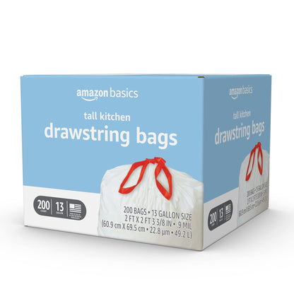 Amazon Basics Tall Kitchen Drawstring Trash Bags, Clean Fresh Scent, 13 Gallon, 200 Count, Pack of 1