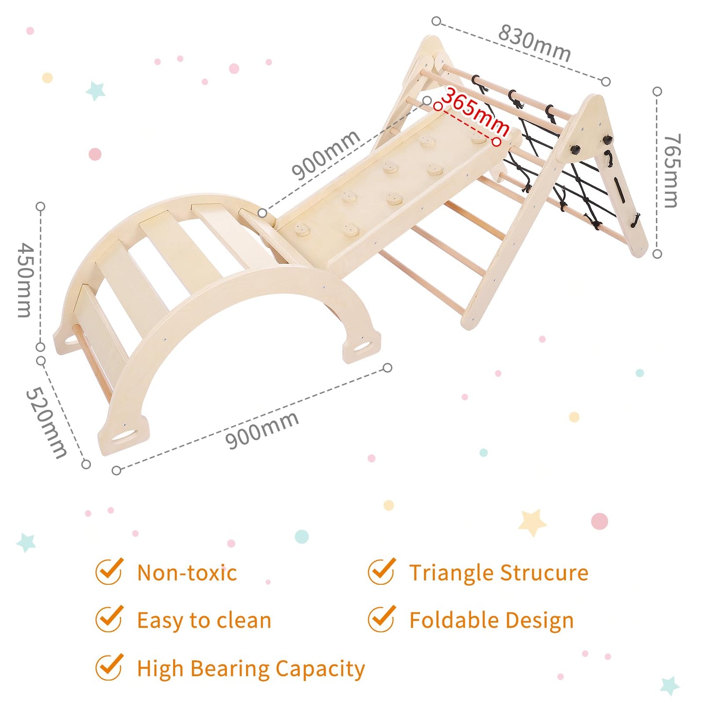 GarveeLife 3 in 1 Kids Climbing Toys, Toddler Indoor Gym Playset, Foldable Triangle Playground Toys Set with Sliding Ramp & Climbing Arch Ramp, Wooden Baby Climbing Gym - Natural