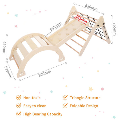 GarveeLife 3 in 1 Kids Climbing Toys, Toddler Indoor Gym Playset, Foldable Triangle Playground Toys Set with Sliding Ramp & Climbing Arch Ramp, Wooden Baby Climbing Gym - Natural