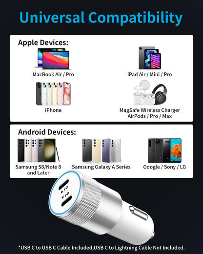 72W Dual USB C Car Charger with Cables