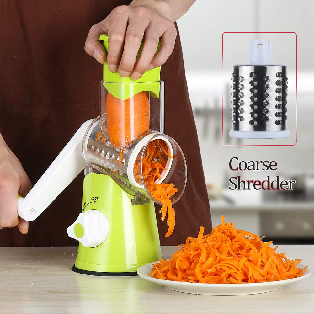 Cambom Rotary Cheese Grater Hand Crank Cheese Shredder for Fresh Cheese, Vegetable, Nuts,Non-slip Suction Base, Free Cleaning Brush Three Blades, Green