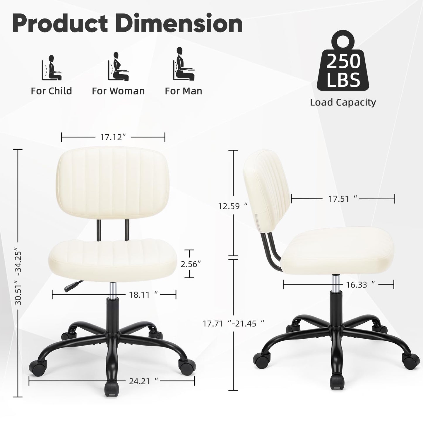 Sweetcrispy Small Desk Chair Armless,Comfortable Office Chair with Wheels, Rolling Task Chair with Low Back Lumbar Support, Vanity Chair for Bedroom Living Room Study Room, PU Leather,Crame White