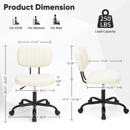 Sweetcrispy Small Desk Chair Armless,Comfortable Office Chair with Wheels, Rolling Task Chair with Low Back Lumbar Support, Vanity Chair for Bedroom Living Room Study Room, PU Leather,Crame White