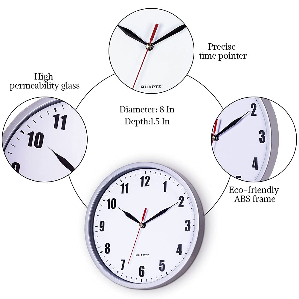 SAC SMARTEN ARTS 8" Silent Quartz Wall Clock Non-Ticking Digital Silver Wall Clocks