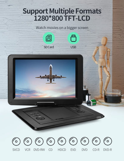 YOTON 17.5" Portable DVD Player with 15.5" HD Swivel Screen for Car and Kids, 4-6 Hours Working Time with Built-in Battery, Dual Stereo Speakers, USB/SD/AV/Audio/Gamepad Support [Not Support Blu-Ray]