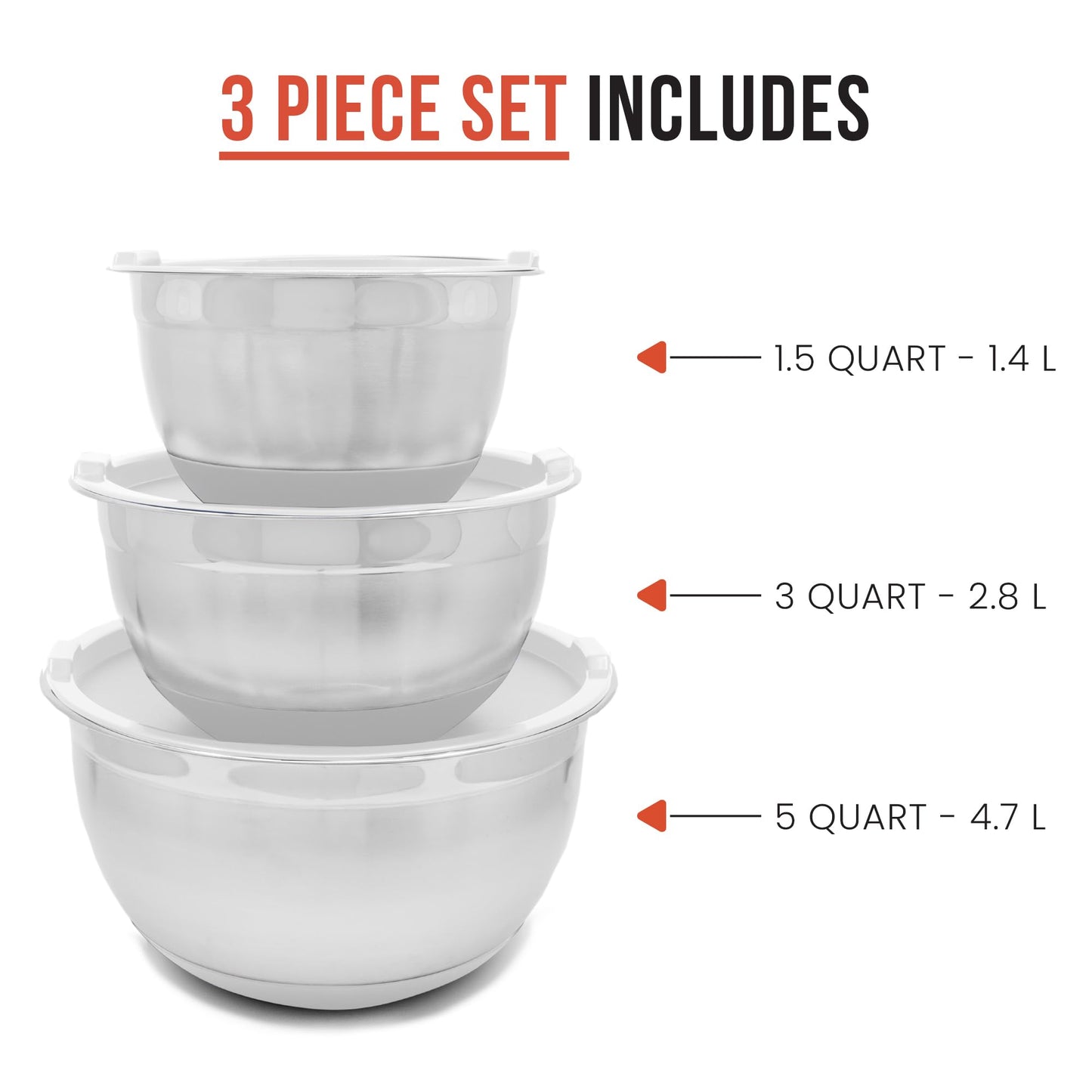 Chef Pomodoro Stainless Steel Mixing Bowl Set, Metal Mixing Bowls with Lids Set, Non-Slip Silicone Base, Nesting Bowls - 3 Piece (1.5 Qt, 3 Qt, 5 Qt), Mixing Bowls for Kitchen, Salad, Baking (Grey)