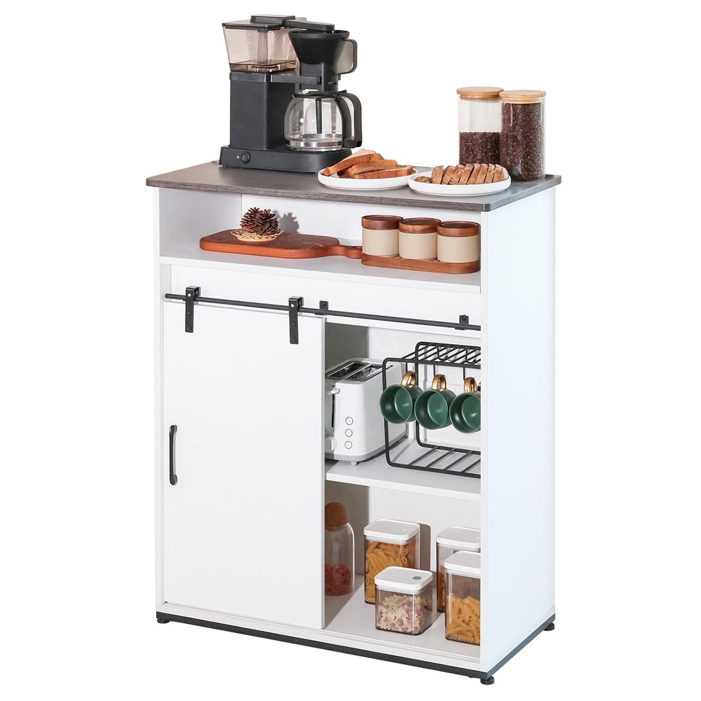 ALBAD Coffee Bar Cabinet/Table, 32" Buffet Sideboard with Sliding Barn Door and Storage Shelves, Farmhouse Wood Kitchen/Accent Storage Cabinet White Walaut