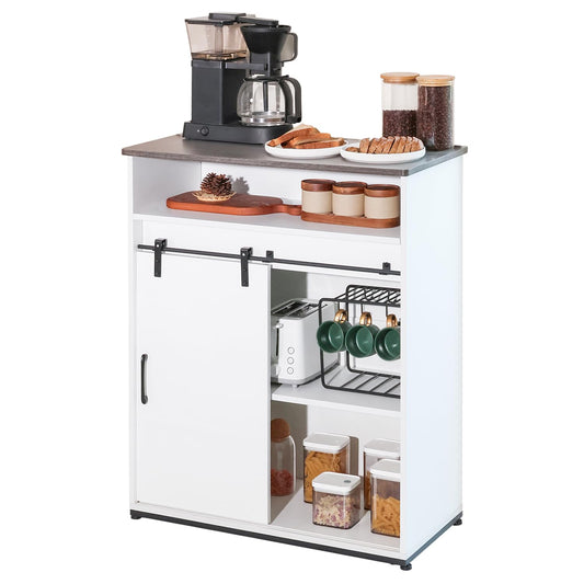 ALBAD Coffee Bar Cabinet/Table, 32" Buffet Sideboard with Sliding Barn Door and Storage Shelves, Farmhouse Wood Kitchen/Accent Storage Cabinet White Walaut