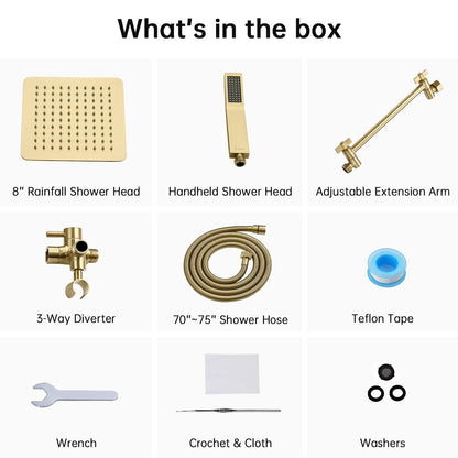 G-Promise All Metal 8-Inch Dual Square Shower Head Combo, Rain Shower Head, Handheld Shower Wand with 71-Inch Extra Long Hose, 3-Way Diverter, Adjustable Extension Arm, Brushed Gold