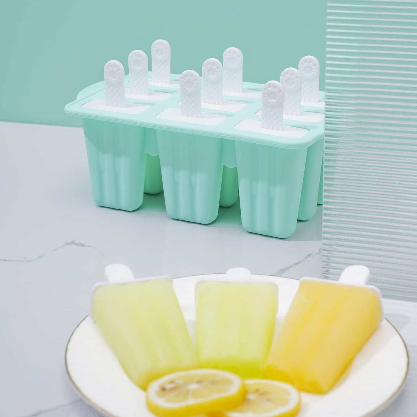 Popsicle Molds, 9 Pieces Silicone Ice Pop Molds Popsicle Mold Silicone BPA Free Reusable Sticks Easy Release Ice Pop Make (Green, 9 CavitIES)