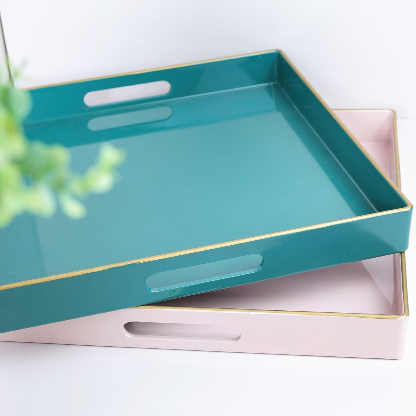 Spsyrine Black Decorative Tray for Living Room, Square Modern Plastic Coffee Serving Table Tray for Ottoman Bathroom Kitchen, 13"*13"