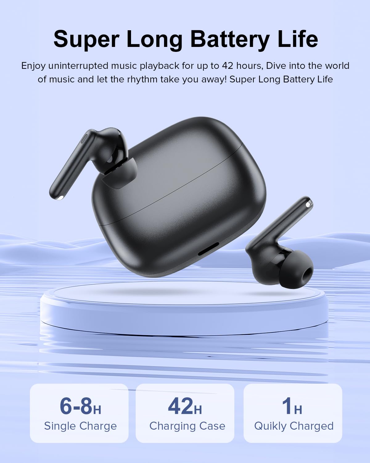 TUMJUN Wireless Earbuds, 42H Playtime Bluetooth 5.3 Headphones, HiFi Stereo Call Noise Cancelling Earbuds, IPX7 Waterproof Stereo in-Ear Earphones with LED Display for iOS Android Cell Phone (Black)