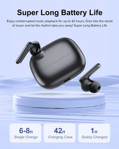 TUMJUN Wireless Earbuds, 42H Playtime Bluetooth 5.3 Headphones, HiFi Stereo Call Noise Cancelling Earbuds, IPX7 Waterproof Stereo in-Ear Earphones with LED Display for iOS Android Cell Phone (Black)