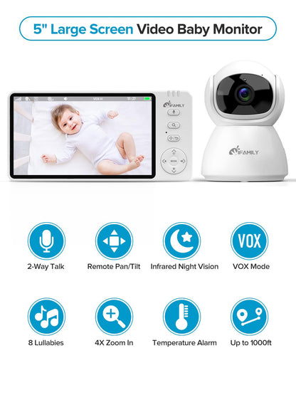 iFamily Baby Monitor with Camera and Audio – 720P HD Resolution, Large Display, 3500mAh Battery, Night Vision, Remote Pan, Tilt, and Zoom – Two-Way Talk, Lullabies, Thermal Monitor, 960ft Range