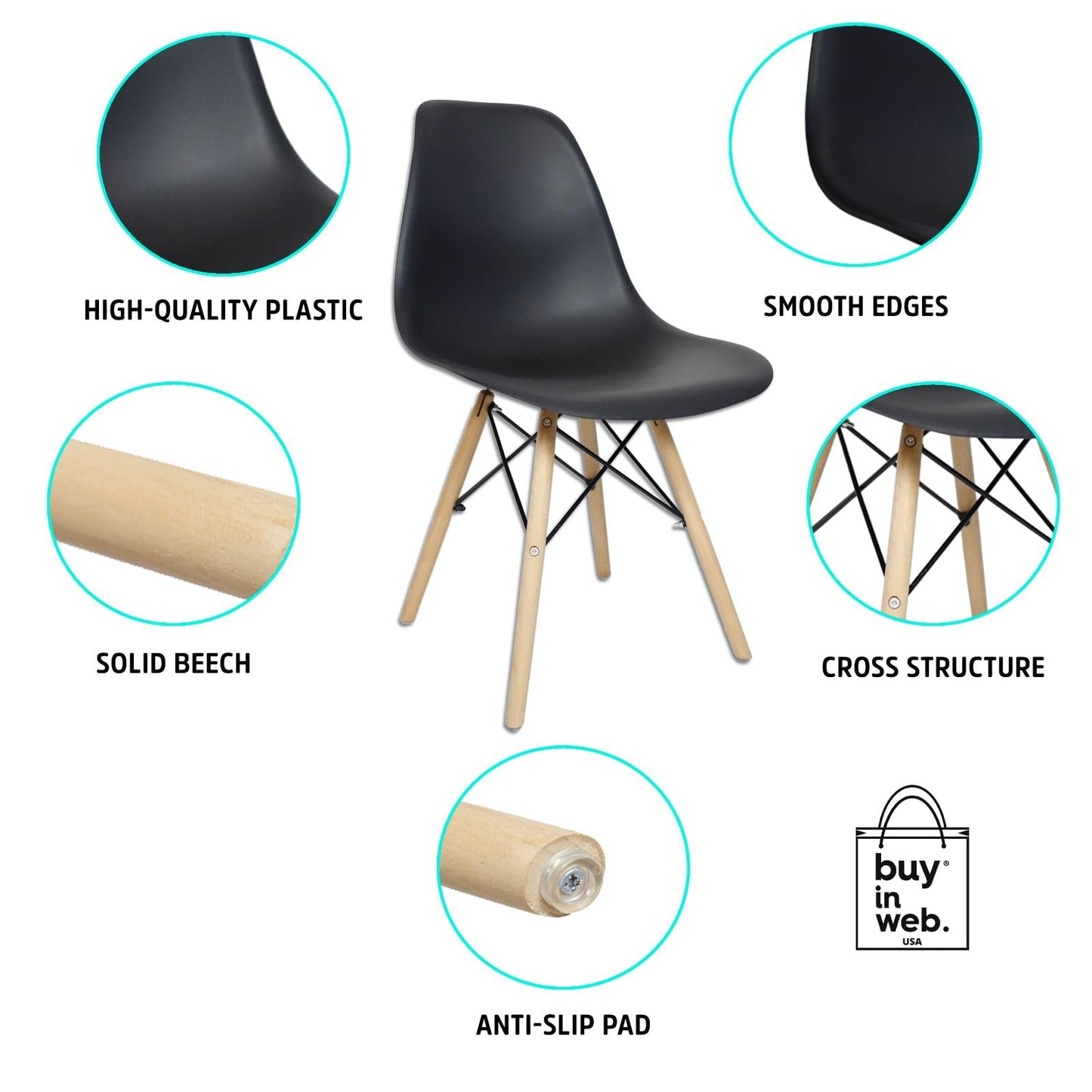 BUY IN WEB Modern Dining Chair Set of 4, DSW Plastic Shell Chair with Wooden Legs, Chairs for Dining Table, Kitchen, Bedroom, Side Chairs for Living Room - Black