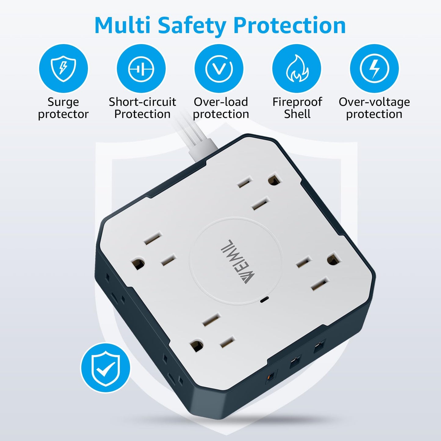 WEIMIL Flat Plug Power Strip with USB Ports