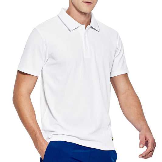 MIER Men's Short Sleeve Polo Shirt Quick Dry Tennis Golf Collared T-Shirts Contrast Collar Casual Polo Moisture Wicking, White, L