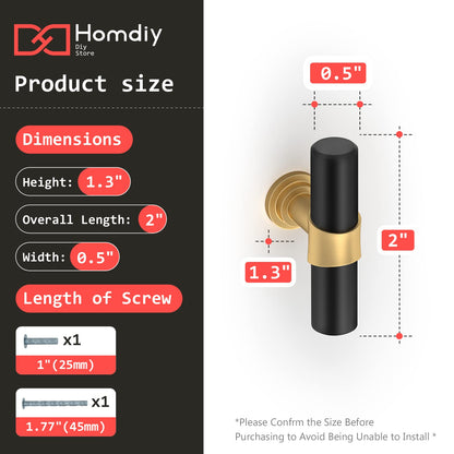 homdiy 30 Pack Cabinet Knobs Gold & Black Drawer Knobs for Dresser Cupboard Door, Modern Kitchen Cabinet Knobs Brushed Brass - Mette Black T Bar Knobs with 2 Inch Overall Length