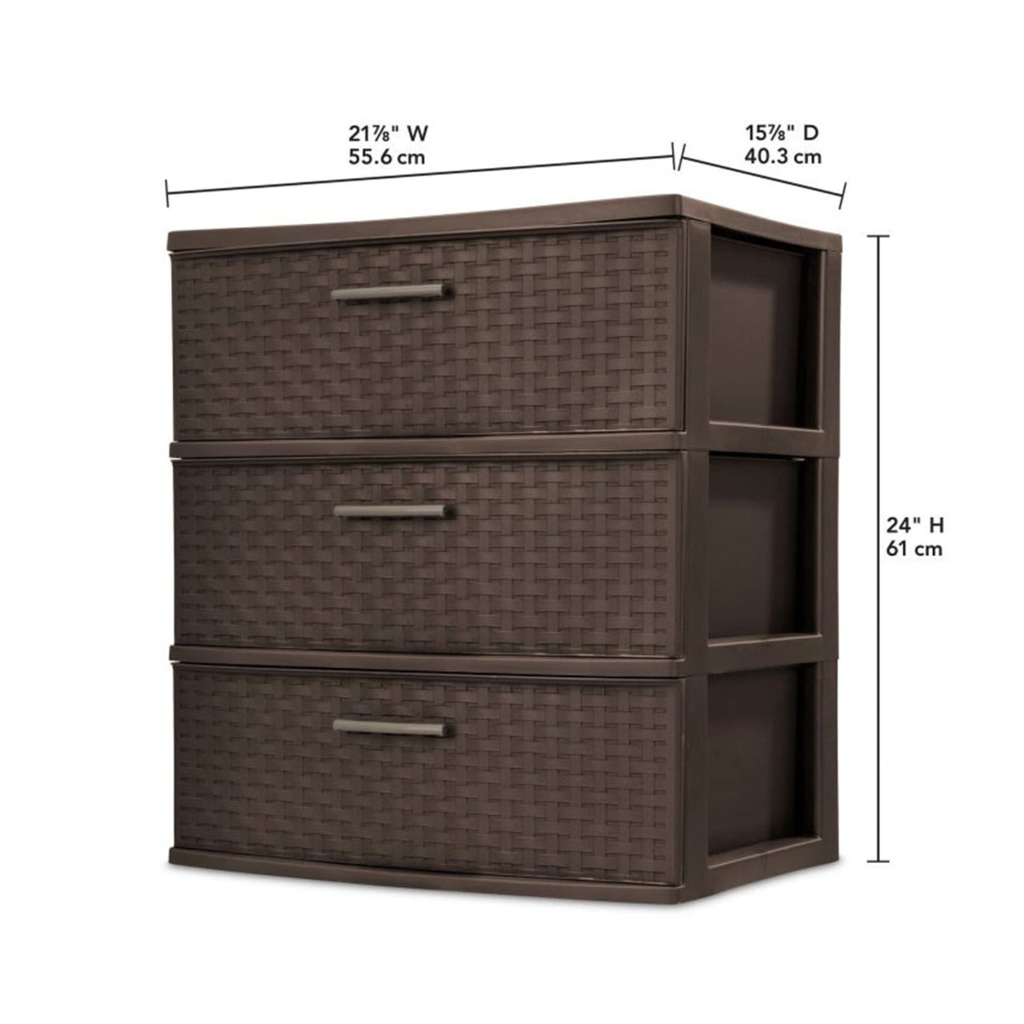 Sterilite 3 Drawer Wide Weave Storage Tower, Plastic Decorative Drawers to Organize Clothes in Bedroom, Closet, Brown with Brown Drawers, 1-Pack