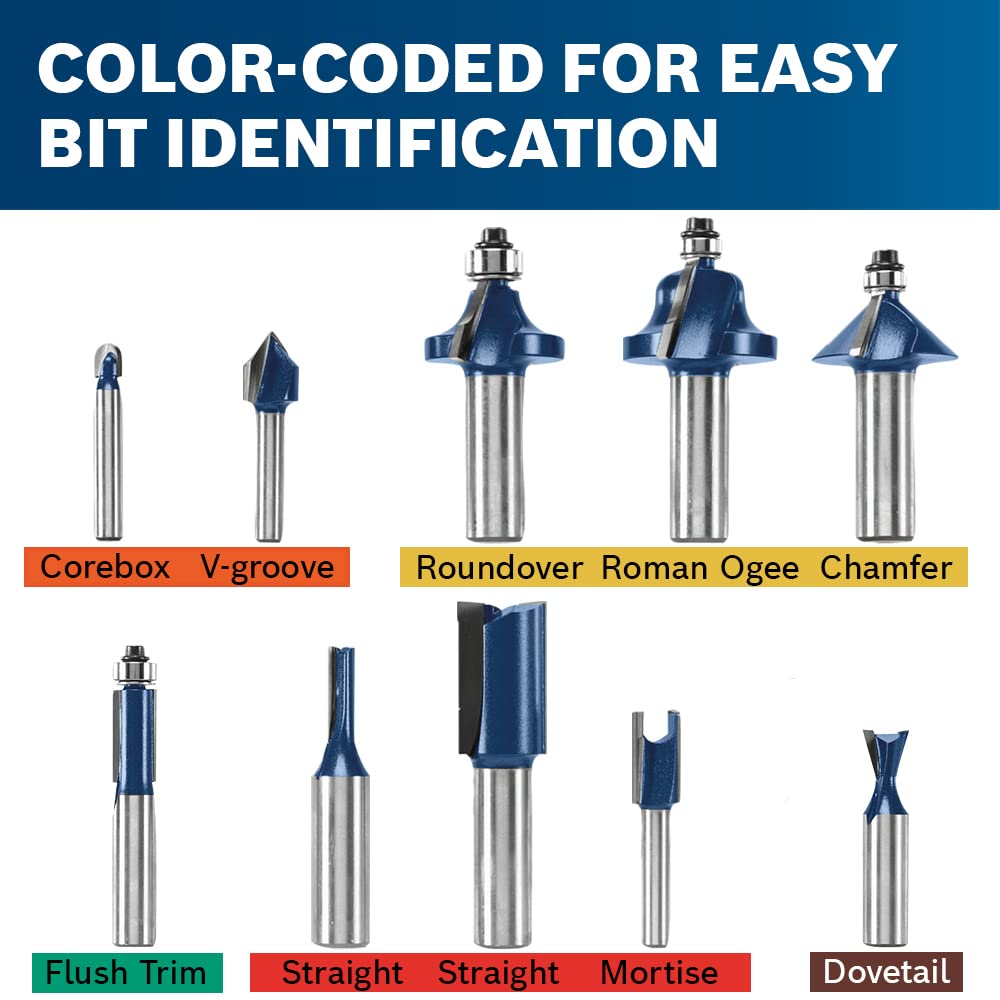 BOSCH RBS010 10-Piece 1/2 in. and 1/4 in. Shank Carbide-Tipped All-Purpose Professional Router Bits Assorted Set with Case for Applications in Straight, Trimming, Decorative Edging, Dovetail Joinery