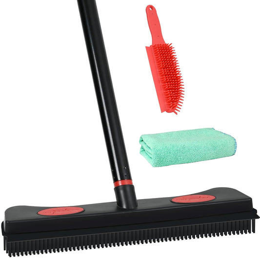 Tiumso Rubber Broom for Carpet, Pet Hair Removal Broom with Squeegee for Floor, Carpet Broom Includes Rubber Brush and Microfiber Cloth for Dog and Cat Hair - Black and Red