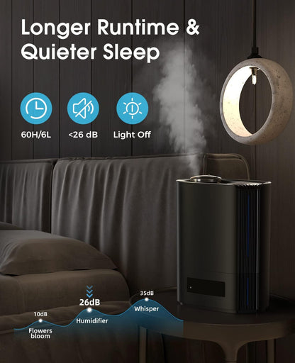 Humidifiers for Bedroom, 6L Top Fill Cool Mist Humidifiers for Large Room for Plants,TABYIK Air humidifier with Humidistat and Timer, with Essential Oil Diffuser Quiet for Home Black