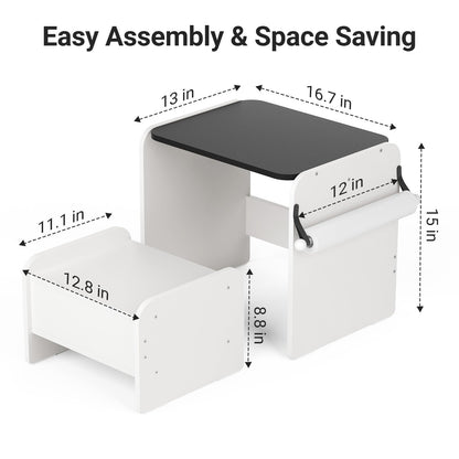 Tilhumt 3-in-1 Drawing Table and Chair Set for Kids Aged 2-5, Toddler Wooden Art Table with Paper Roll Holder & Drawing Accessories, Activity & Craft Table with Storage Drawer, Gift for Kids