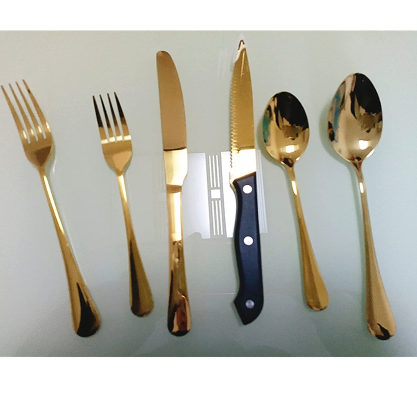 A · HOUSEWARE Gold Flatware Set For 4 With Steak Knives 24 Piece Stainless Steel Silverware Forks and Spoons Kitchen Daily Use Festival Parties Casual or Formal Occasions…