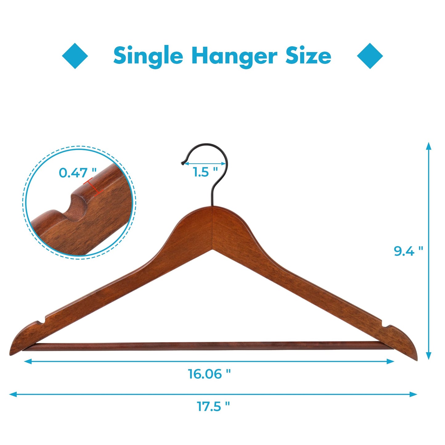 JS HOME Wooden Hangers 20 Pack, Strong Wood Suit Hangers with Extra Smooth Finish, Precisely Cut Notches and 360 Degree Black Swivel Hook, Solid Wooden Clothes Hangers for Shirt Coat Jacket Dress