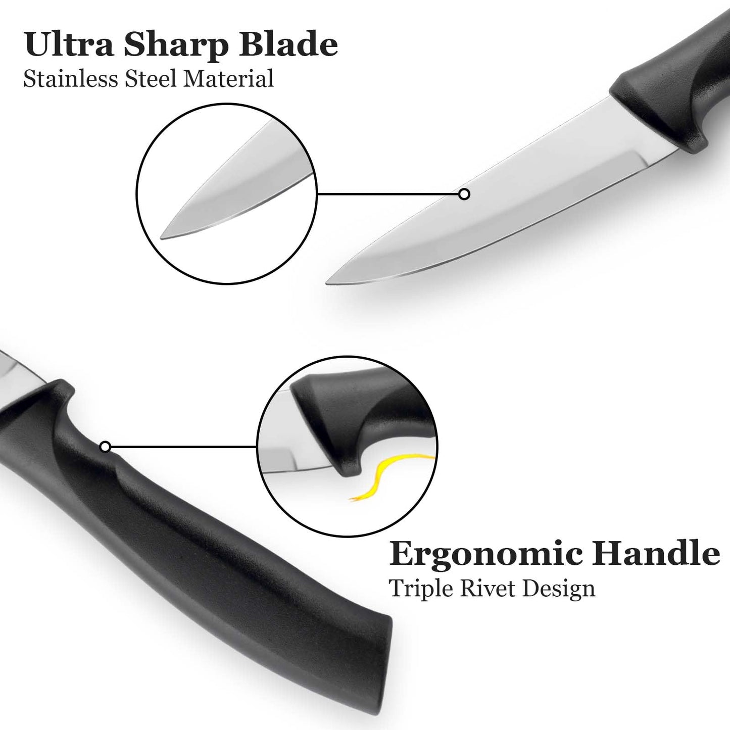 BEWOS 4-Piece Paring Knife Set, 3.5 Inch Paring Knives with Ergonomic Streak Handle, Cutting Knife & Peeling Knife for Vegetable and Fruit, Kitchen Knives, Stainless Steel/Black