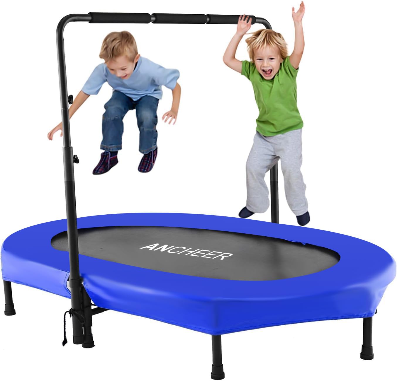 Ancheer Mini Trampoline for Kids Indoor, Double Kids Trampoline with Adjustable Center Handlebar, 56"X36" Rebounder Trampoline Foldable, Max Load 220 LBS,Blue