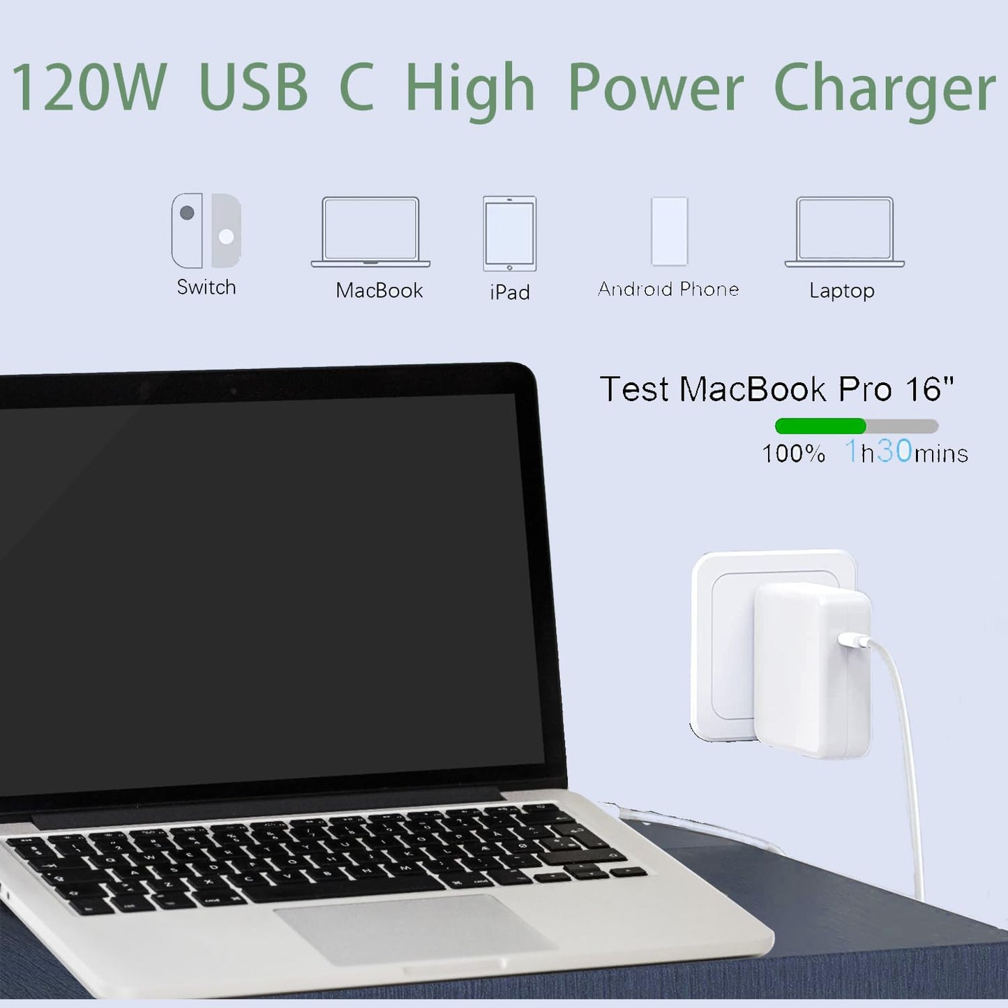 Mybegin 120W USB C Charger Fast Charger for USB C Port Mac Book pro & Mac Book Air, ipad Pro, Samsung Galaxy and All USB C Device, Include Charge Cable6.6FT, PA-120W