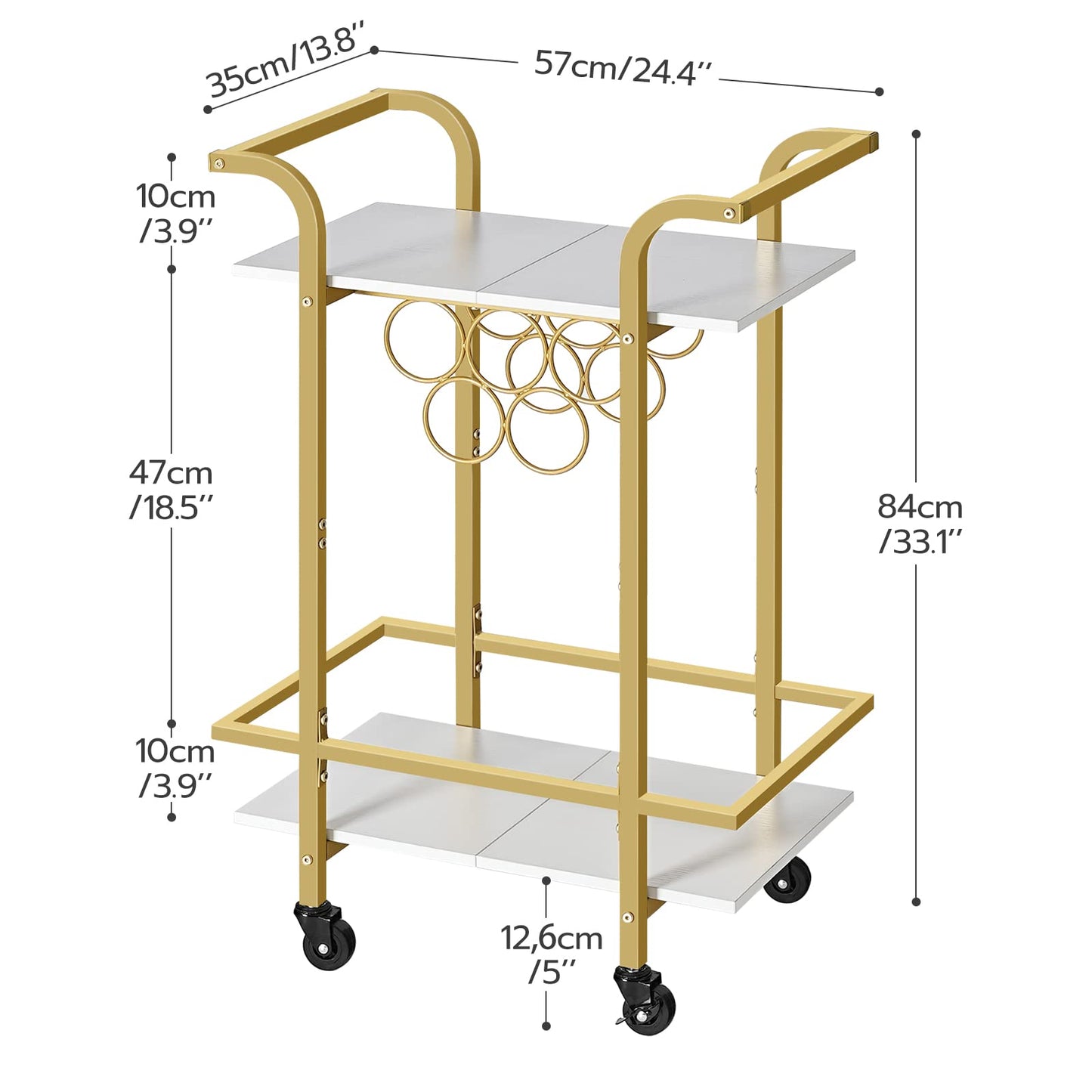 HOOBRO Gold Bar Cart for Home, 2-Tier Serving Cart with Lockable Wheels, Wine Cart with Wine Rack for Small Spaces, Rolling Wine Cart for Living Room, Party, Bar, White and Gold DW56TC01