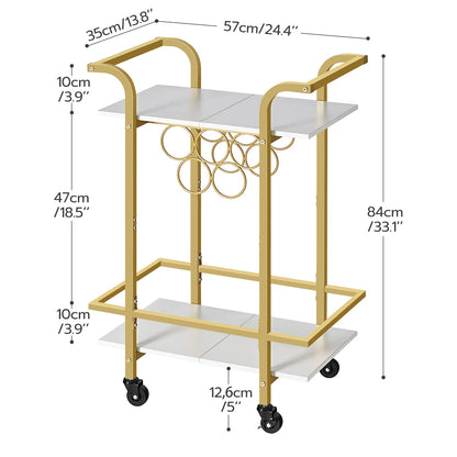 HOOBRO Gold Bar Cart for Home, 2-Tier Serving Cart with Lockable Wheels, Wine Cart with Wine Rack for Small Spaces, Rolling Wine Cart for Living Room, Party, Bar, White and Gold DW56TC01