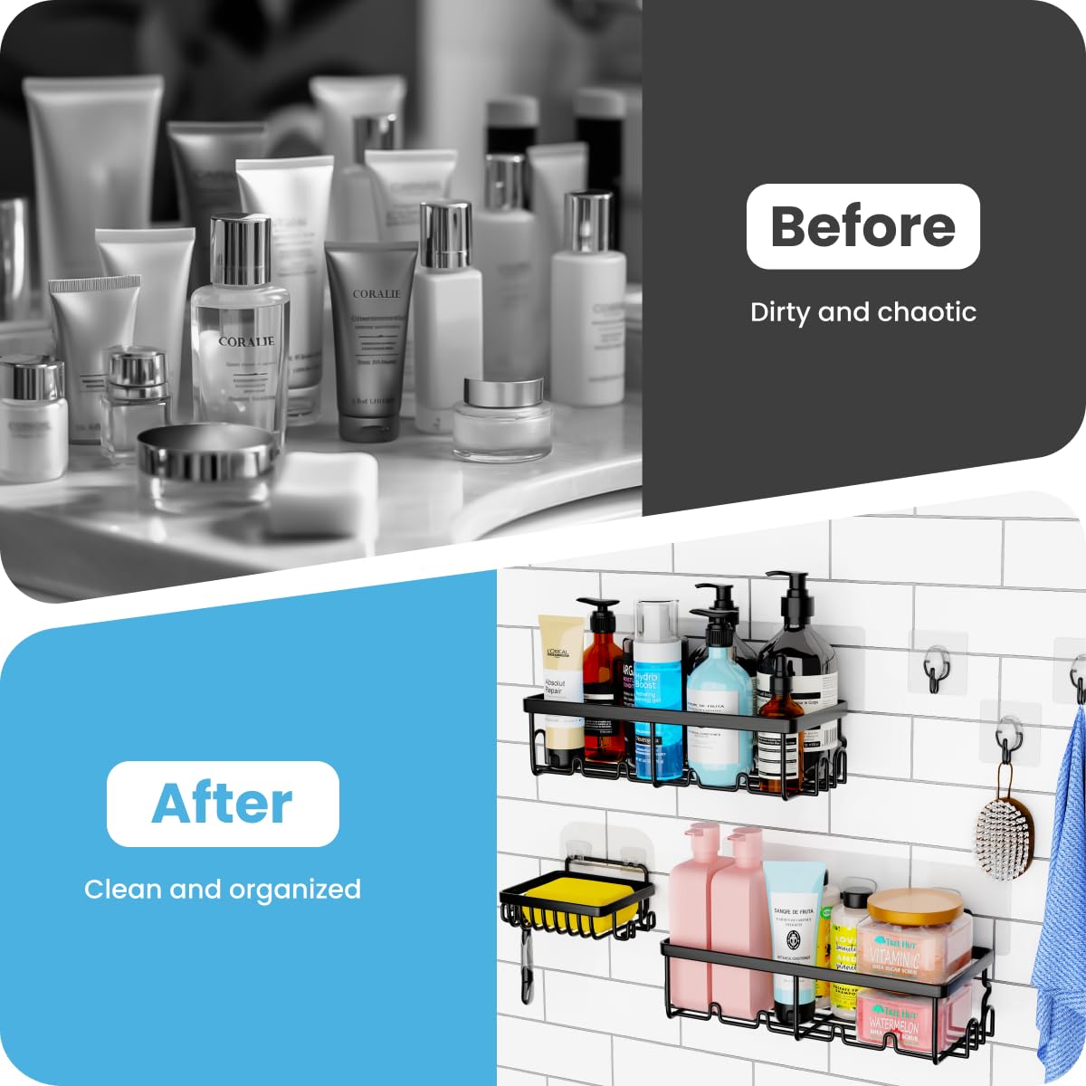 3 Pack, Adhesive Organizer with 20 Hooks, 3 Adhesive Hooks, Bathroom Furniture Sets, Stainless Steel,No Drilling,Easy Installation Shelf for Inside
