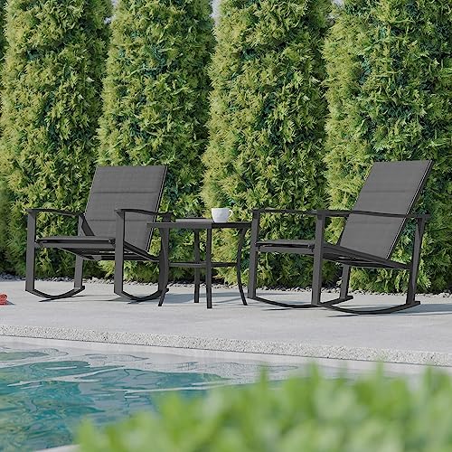 Flash Furniture Brazos 3 Piece Outdoor Rocking Chair Bistro Set with Flex Comfort Material and Metal Framed Glass Top Table, Black/Black