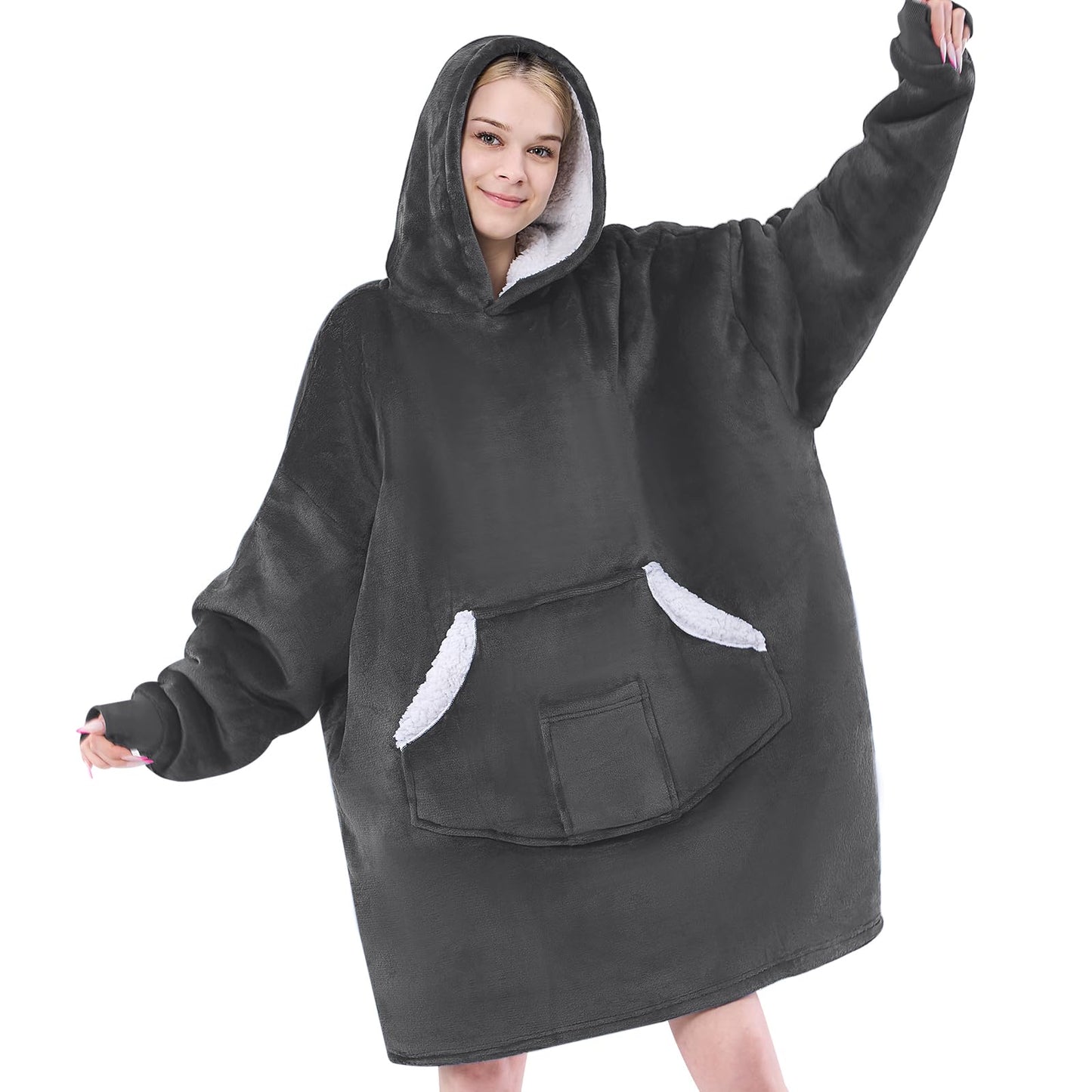 NORD ECO Wearable Blanket Hoodie,Oversized Sherpa Fleece Hooded Sweatshirt Blanket,Wearable Blanket Hoodie for Adult,Giant Warm&Cozy Blanket Hoodie With Pockets and Sleeves,Gift for Women Mom(Grey)