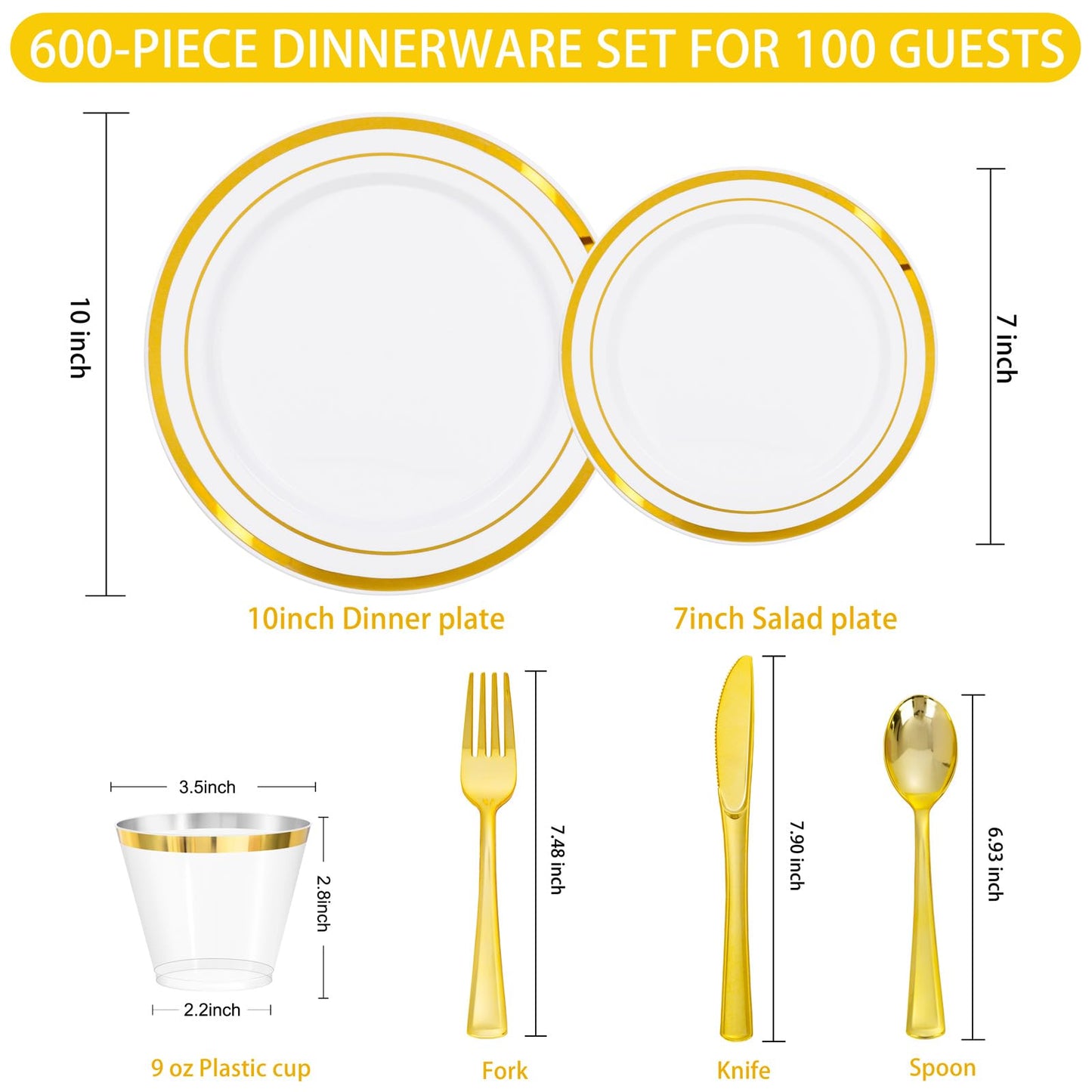 WELLIFE 600 PCS Gold Disposable Dinnerware Set