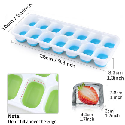 Jrisbo Silicone Ice Cube Tray, 4 Pack Easy-Release & Flexible 14-Ice Cube Trays with Spill-Resistant Removable Lid, Stackable Ice Trays with Covers for Freezer, Cocktail, Blue and Green