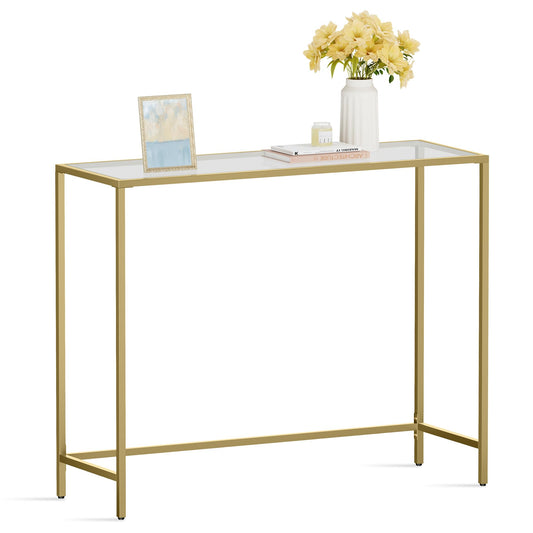 VASAGLE 39.4 Inches Console Table, Tempered Glass Sofa Table, Modern Entryway Table, Metal Frame, Easy to Assemble, Adjustable Feet, for Living Room, Hallway, Gold Color ULGT26G