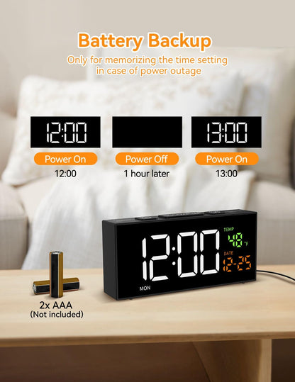 Netzu Alarm Clocks for Bedrooms, Digital Alarm Clock with Date Temperature and Weekday, Manual DST, Snooze, 2 Alarms, 4 Volumes Bedside Desk Clock for Living Room Home (Black)