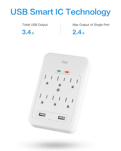 KMC 6-Outlet Surge Protector with 2 USB Ports