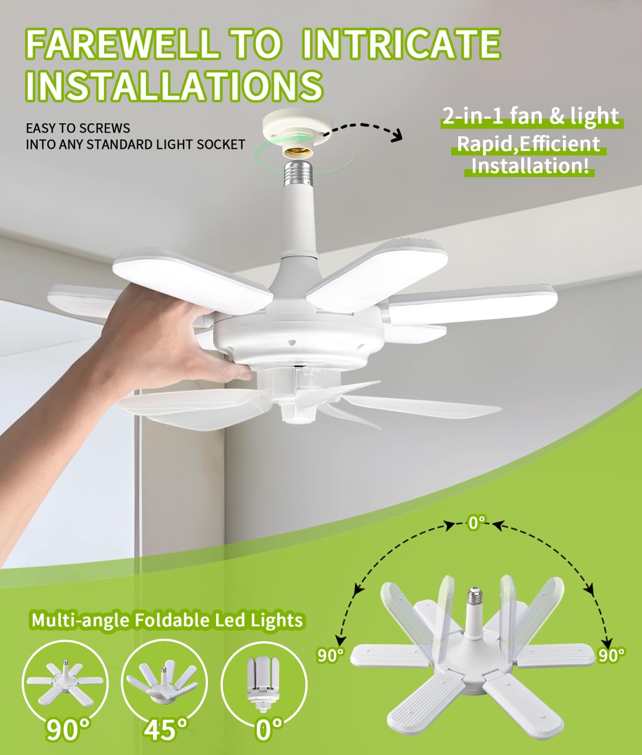 Socket Fan Light, Ceiling Fans with Lights and Remote - Dimmable LED Ceiling Fans with Lights,360°Super Brighter Foldable Socket Fan,3 Colors 3500K-6500K,E27 Screw in Ceiling Fan for Bedroom Garage