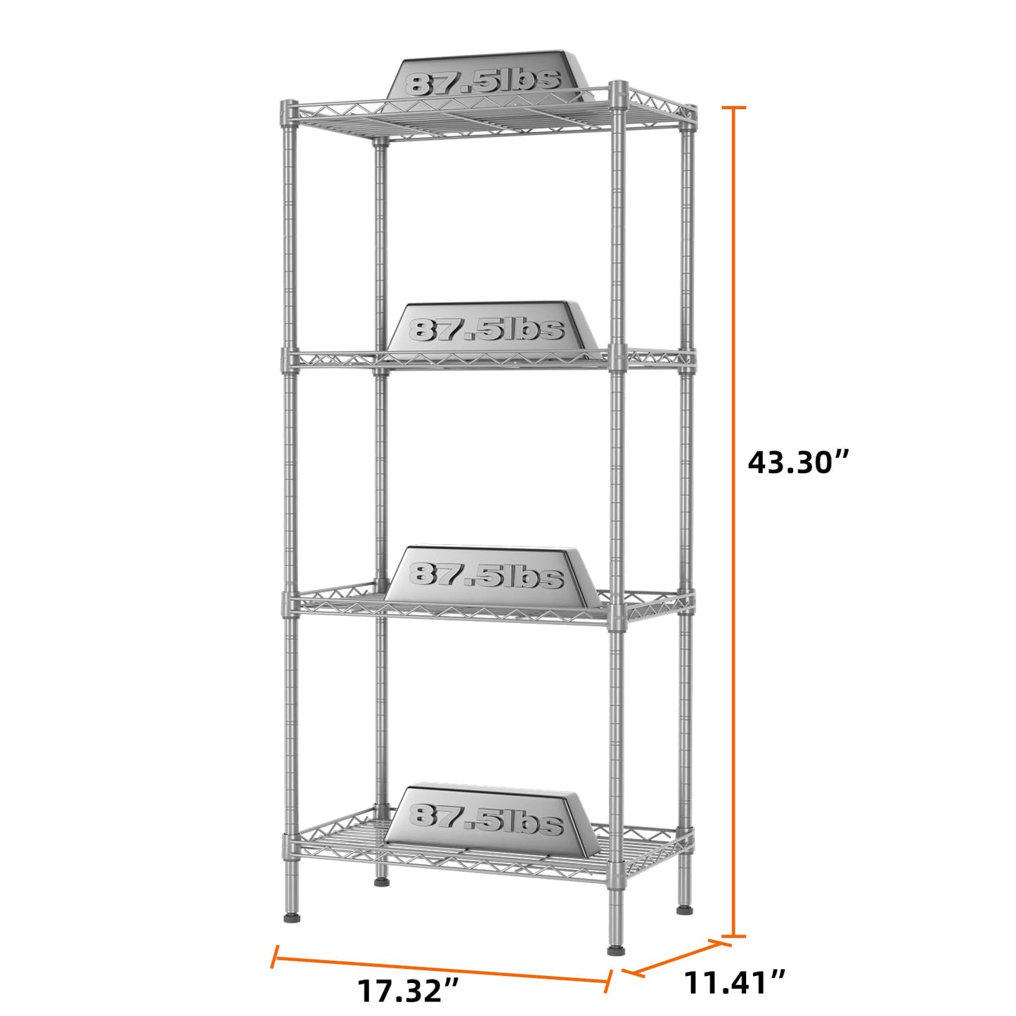 SINGAYE 4 Tier Shelf Adjustable Storage Shelf Wire Shelving,350LBS Load Capacity,Metal Storage Rack for Kitchen Office Home Storage Pantry Room,Silver,17.32" W X 11.41”D X43.3” H