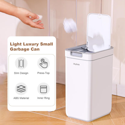 funest Bathroom Trash Can, 2 Pack Small Trash Can, S02 Plastic Waste Basket for Bedroom, Narrow Trash Bin for Home and Office, 3.6 Gal (Press top lid) + 2.4 Gal (Open lid)