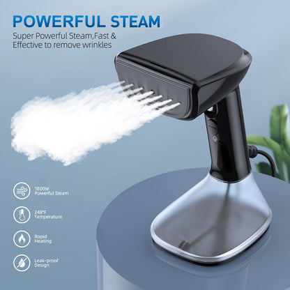 Steamer for Clothes -1800W with Wet/Dry Ironing Modes, 20-Second Heat-up, Detachable Water Tank, Heat-Resistant Gloves for Wrinkle Removal. Suitable for 120V Countries. Color: Black