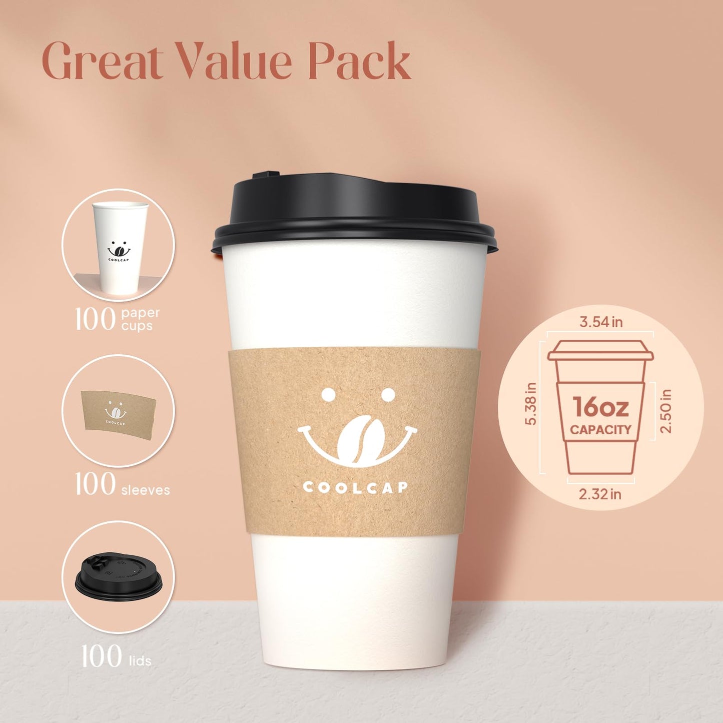 Coffee Cups with Lids and Sleeves, 16 Ounce 100 pack To Go Coffee Cups with Lids, Paper Hot Coffee Cups for Hot and Cold Beverage (White, 16 Ounce)