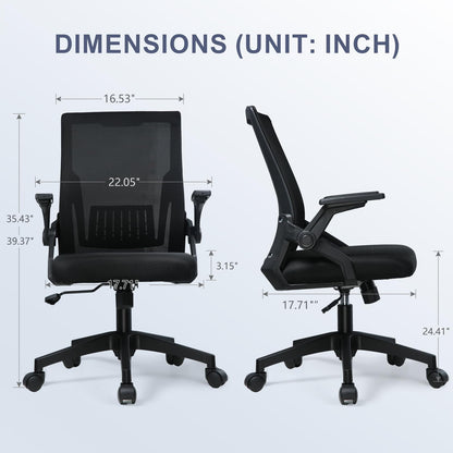 COMHOMA Office Chair with Flip-up Armrests Ergonomic Computer Desk Chair Foldable Mesh Task Chair with Wheels Adaptive Lumbar Support Swivel Tilt Comfortable Study Chair for Student, Black
