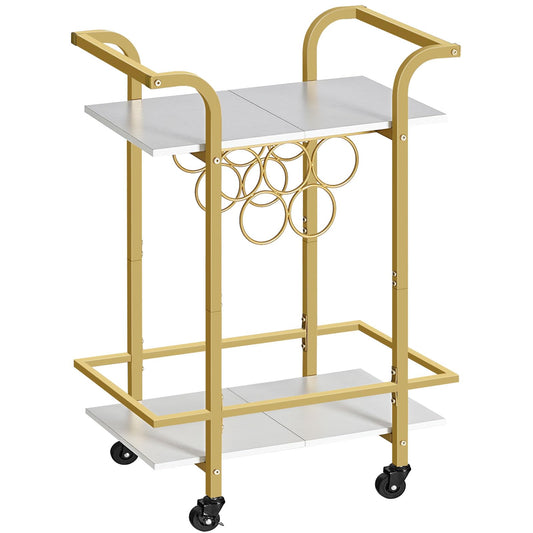 HOOBRO Gold Bar Cart for Home, 2-Tier Serving Cart with Lockable Wheels, Wine Cart with Wine Rack for Small Spaces, Rolling Wine Cart for Living Room, Party, Bar, White and Gold DW56TC01