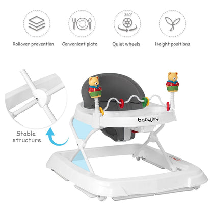 BABY JOY Baby Walker, Foldable Activity Walker Helper with Adjustable Height, Baby Activity Walker with High Back Padded Seat & Bear Toys, Gray